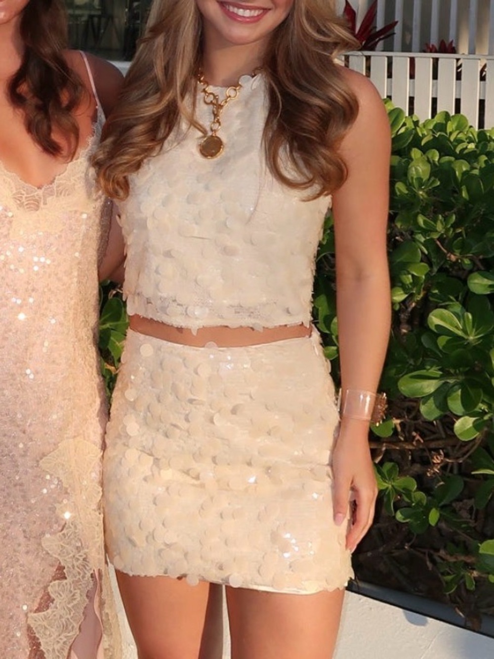 Mable Sequin Petal Two-Piece Crop Top & Mini Skirt Set in Cream Size Small